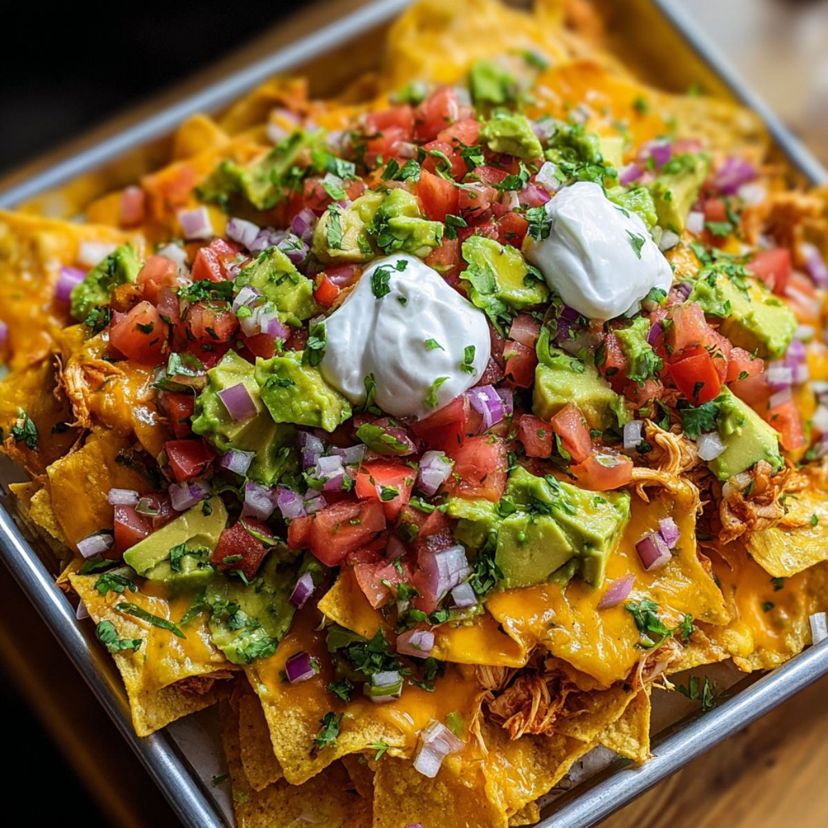 Nachos recipe on baking sheet loaded with melted cheese, shredded chicken, avocado chunks, diced tomatoes, red onion, sour cream, and fresh cilantro