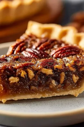 Pecan pie recipe slice showing gooey caramelized filling with toasted pecan halves and flaky golden crust on gray plate