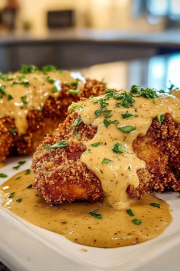Pretzel chicken recipe with golden crispy pretzel coating and creamy mustard-cheddar sauce drizzled over chicken breasts with fresh parsley garnish