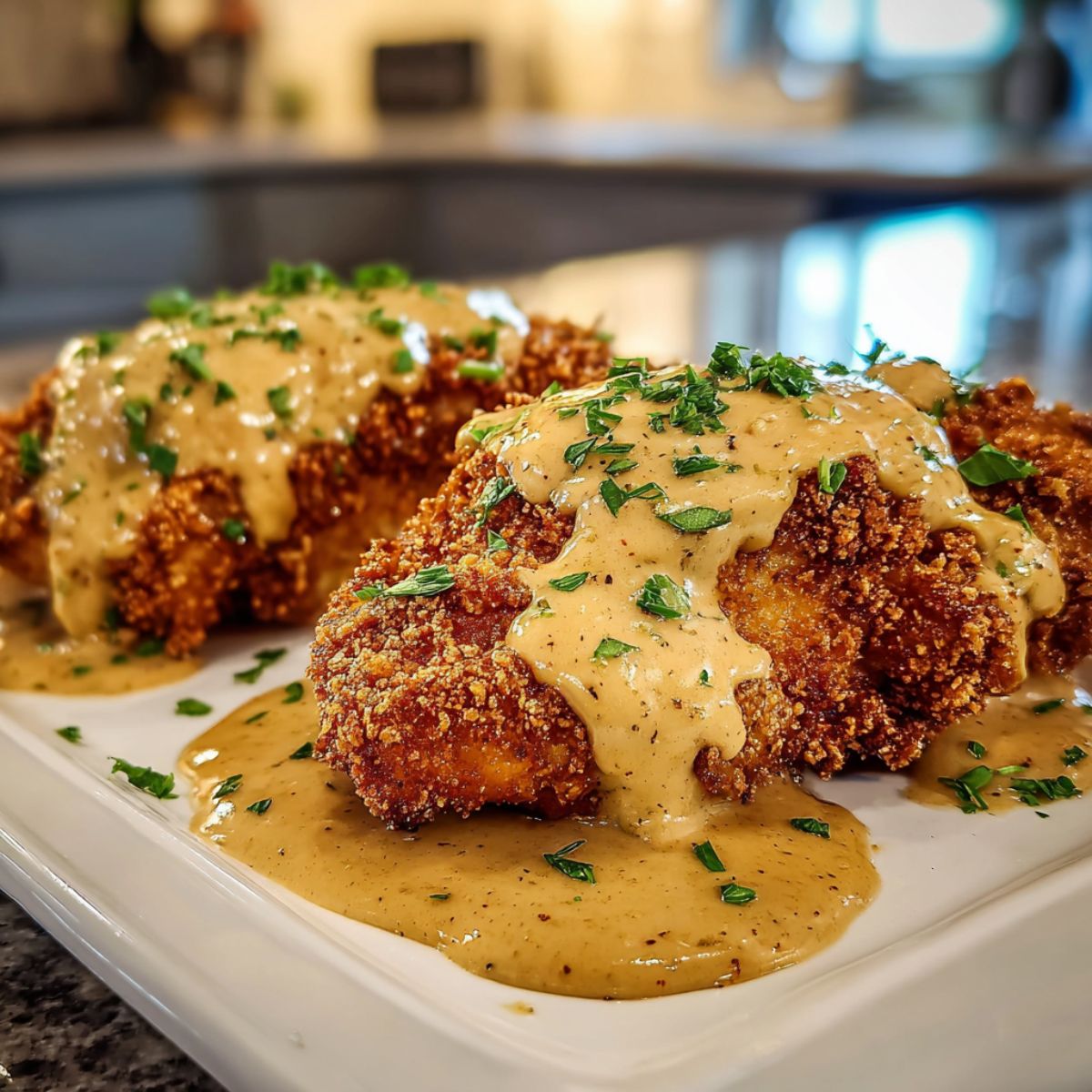Pretzel chicken recipe with golden crispy pretzel coating and creamy mustard-cheddar sauce drizzled over chicken breasts with fresh parsley garnish