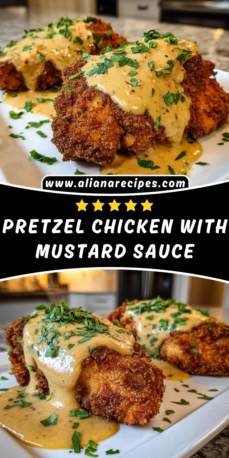 Pretzel chicken with mustard sauce on white plates showing golden pretzel-crusted chicken topped with creamy cheddar mustard sauce and parsley