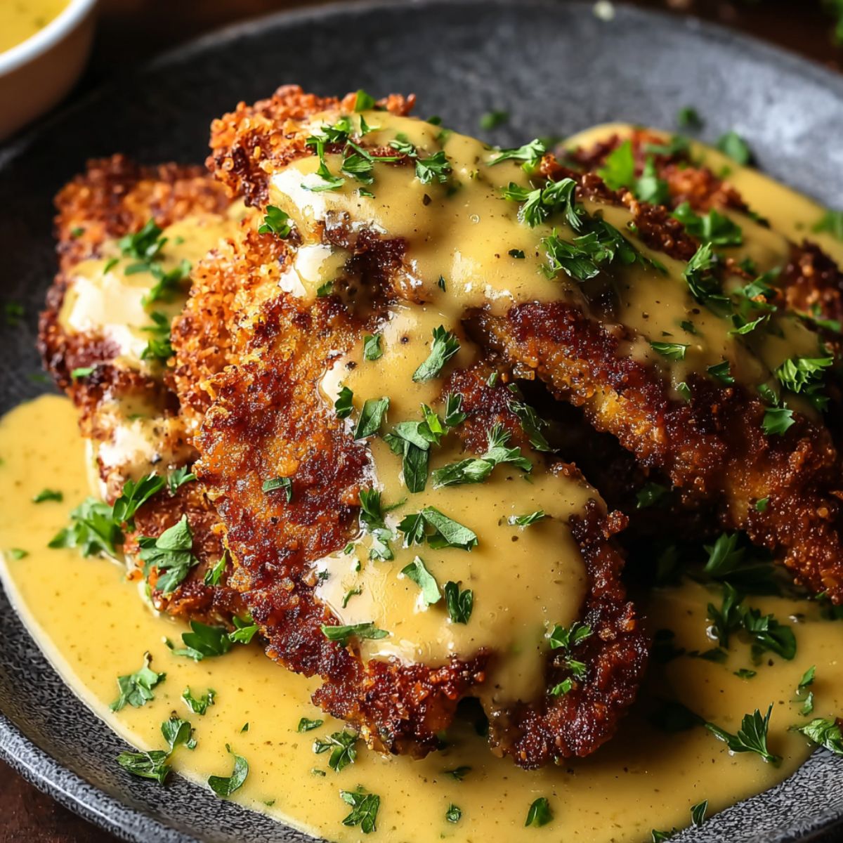 Pretzel chicken with golden crispy pretzel crust and creamy mustard-cheddar sauce pooled on a black plate, garnished with fresh parsley