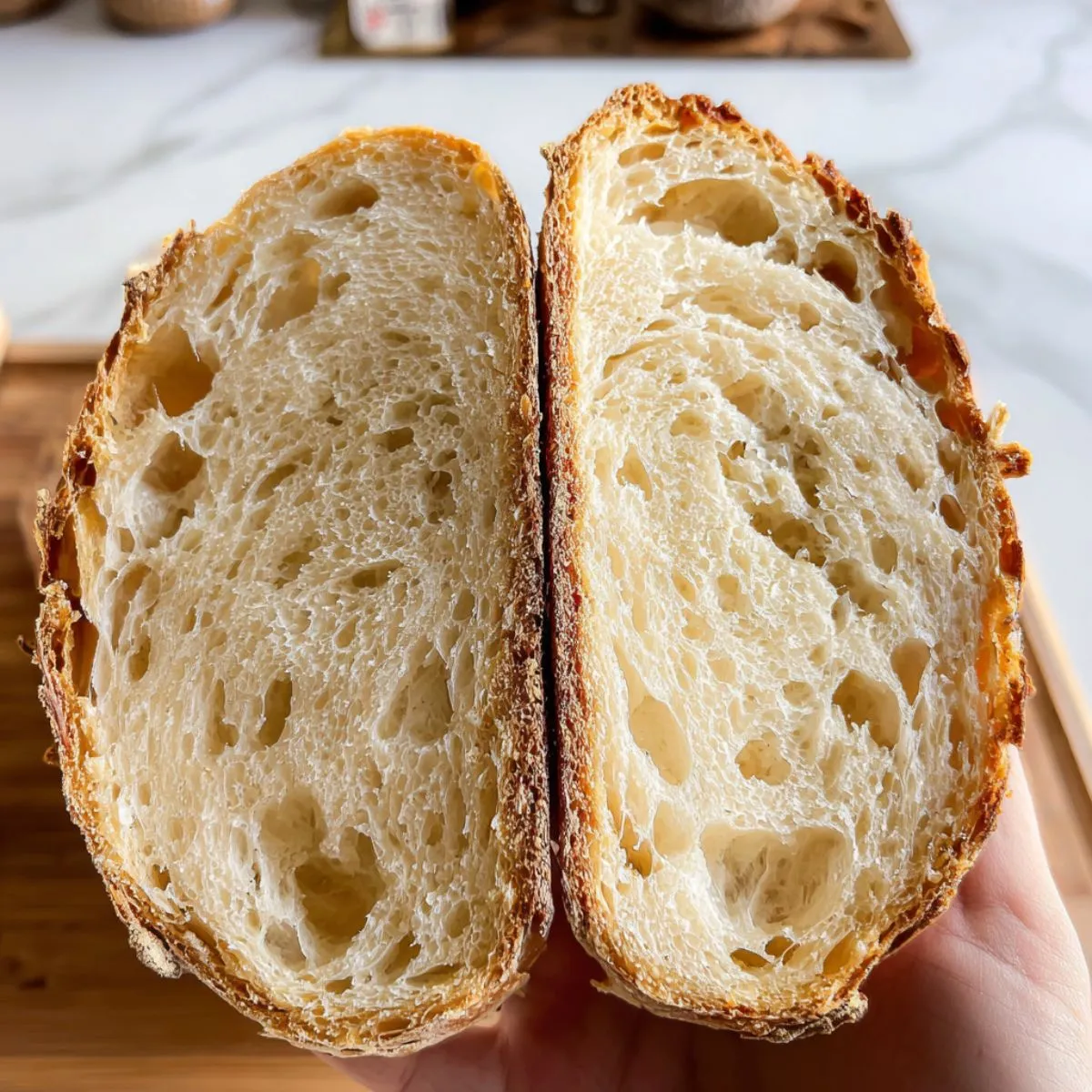 Sourdough bread recipe showing two halves of sliced artisan loaf with perfect open crumb, airy texture, golden crust held in hands