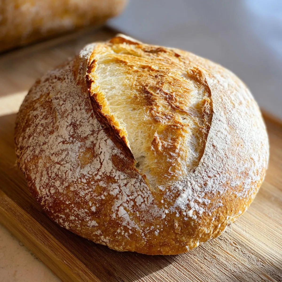 Sourdough bread artisan round loaf with decorative leaf scoring pattern, golden brown crust, flour dusting on wooden board in natural lighting