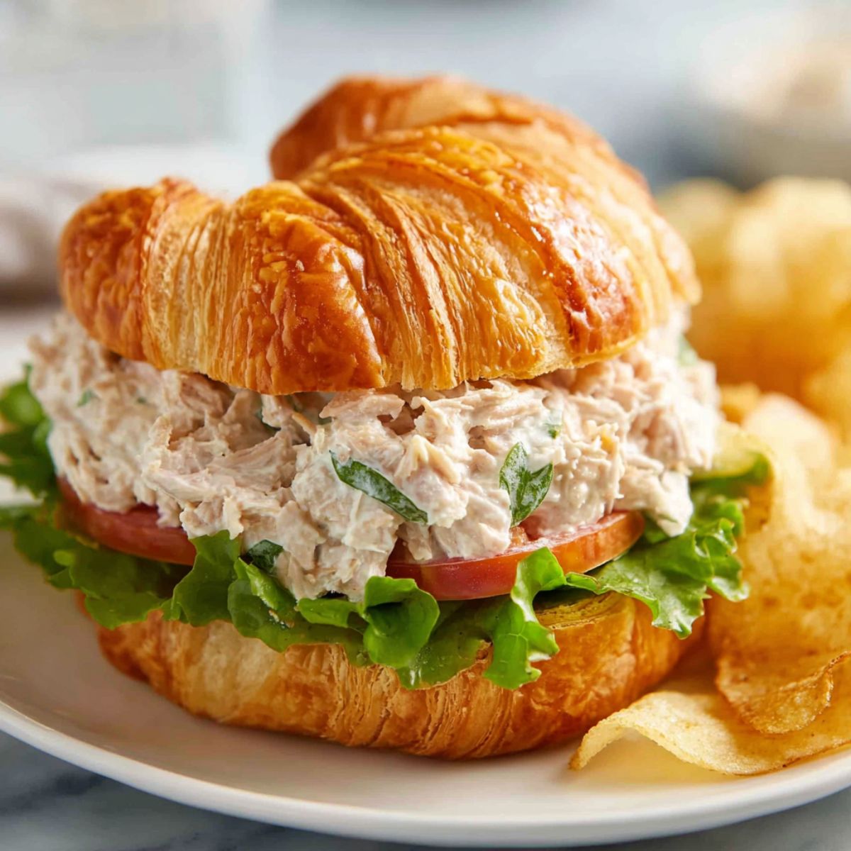 Tuna salad recipe served on a golden croissant with lettuce, tomato, and potato chips on a white plate