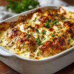 Baked cream cheese chicken breasts in baking dish with creamy golden sauce, melted cheese, parsley, weeknight dinner recipe