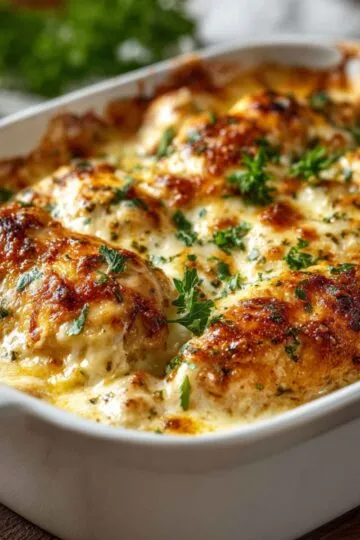 Baked cream cheese chicken breasts in baking dish with creamy golden sauce, melted cheese, parsley, weeknight dinner recipe