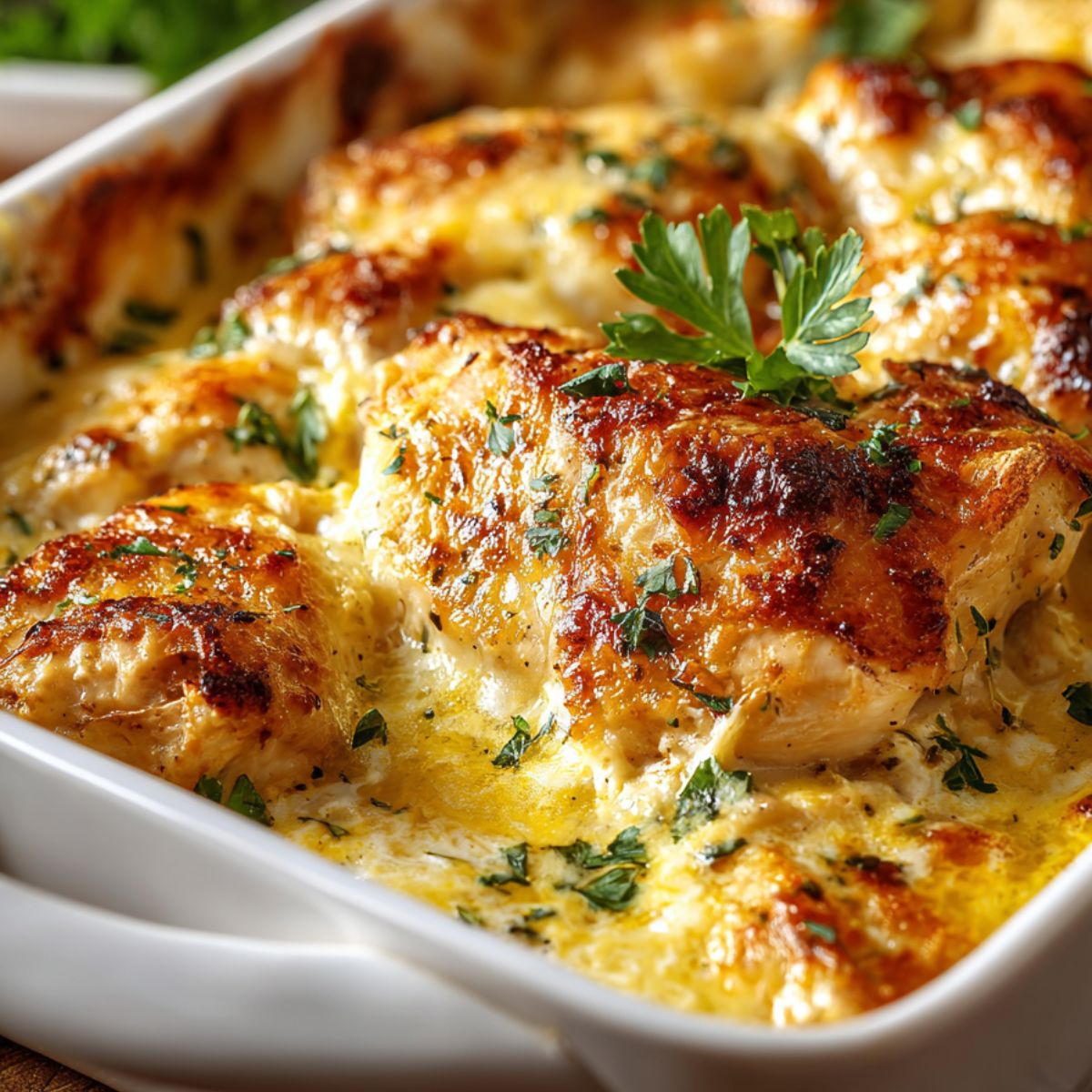 Baked cream cheese chicken in white baking dish with golden brown cheese topping, creamy sauce, fresh parsley garnish, comfort food dinner