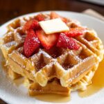 Belgian waffles recipe showing golden crispy homemade waffles stacked on white plate topped with fresh strawberries, butter pat, and dusted with powdered sugar drizzled with maple syrup for easy breakfast