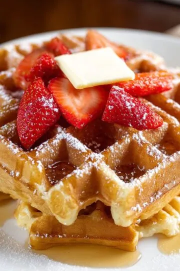 Belgian waffles recipe showing golden crispy homemade waffles stacked on white plate topped with fresh strawberries, butter pat, and dusted with powdered sugar drizzled with maple syrup for easy breakfast