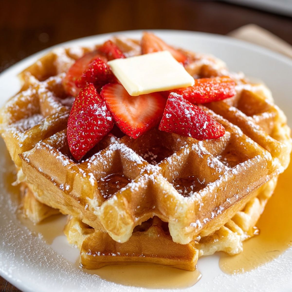 Belgian waffles recipe showing golden crispy homemade waffles stacked on white plate topped with fresh strawberries, butter pat, and dusted with powdered sugar drizzled with maple syrup for easy breakfast