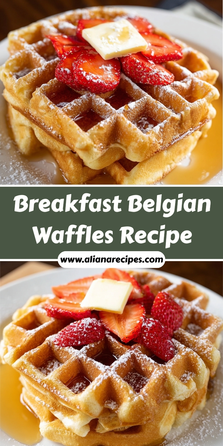 Breakfast Belgian waffles recipe with golden fluffy waffles on yellow plate topped with fresh strawberries and butter square covered in powdered sugar and maple syrup for easy morning meal