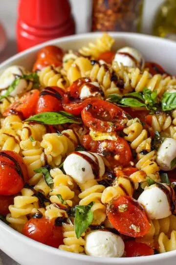 Caprese pasta salad bowl topped with fresh basil and rich balsamic glaze drizzle.