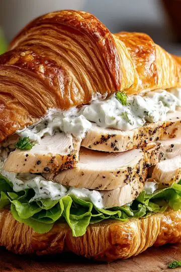 Close-up of sliced chicken and creamy dressing inside a flaky croissant.