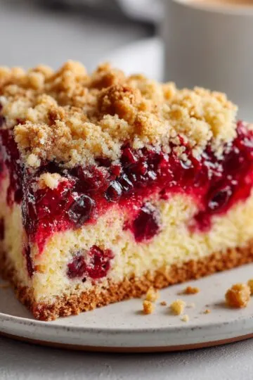 Cranberry coffee cake slice on plate with crumb topping, tart cranberry filling throughout, moist tender crumb, coffee cup in background