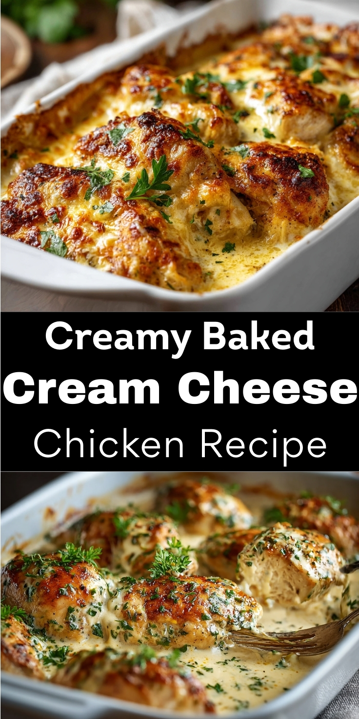 Cream cheese baked chicken ingredients list overlay showing chicken, cream cheese, garlic, heavy cream, mozzarella, parmesan, essential ingredients checklist