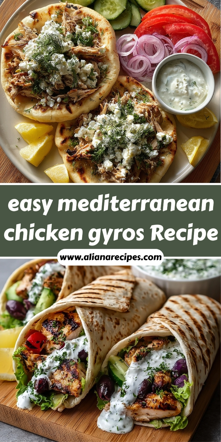 Mediterranean chicken gyros with creamy feta tzatziki on pita bread with grilled chicken, fresh vegetables, and feta cheese on a platter