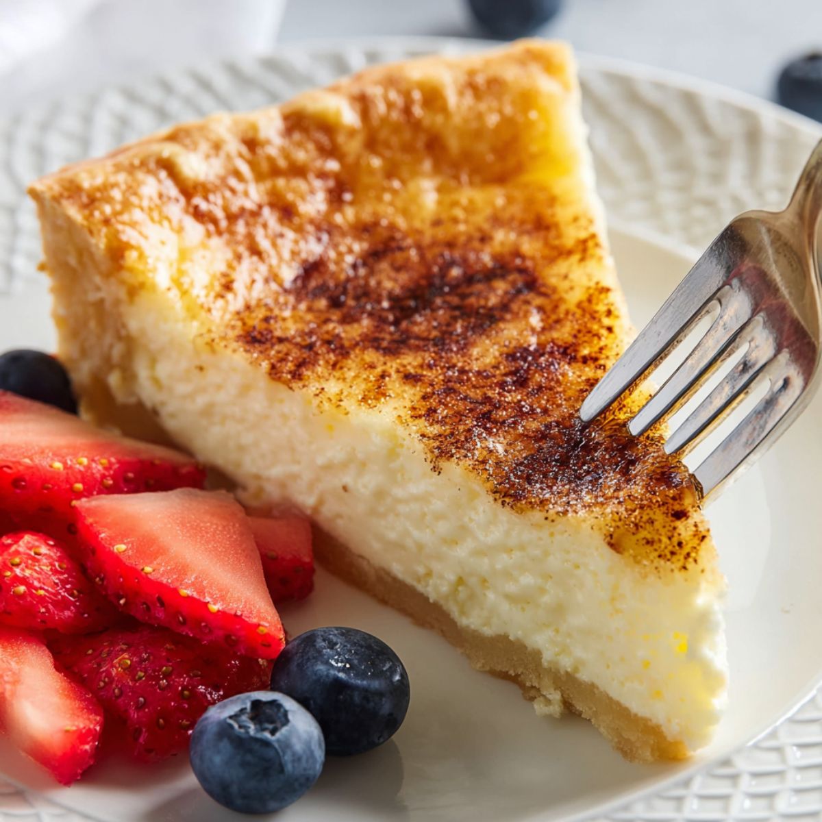 Egg custard pie recipe slice with fresh berries, fork ready to dig in, smooth custard texture, caramelized nutmeg top