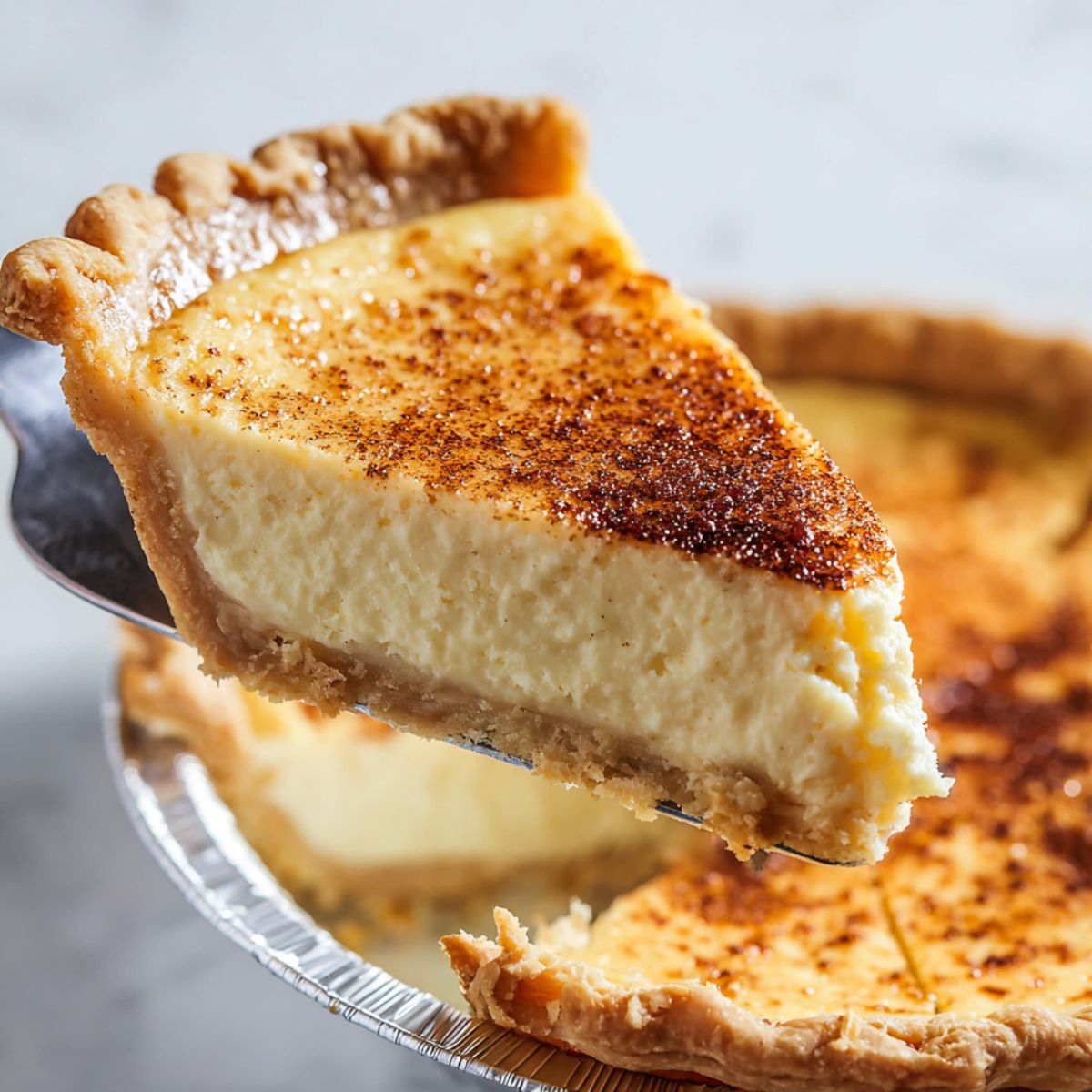 Egg custard pie slice being lifted on server showing thick creamy custard filling, flaky crust, caramelized nutmeg spice on top