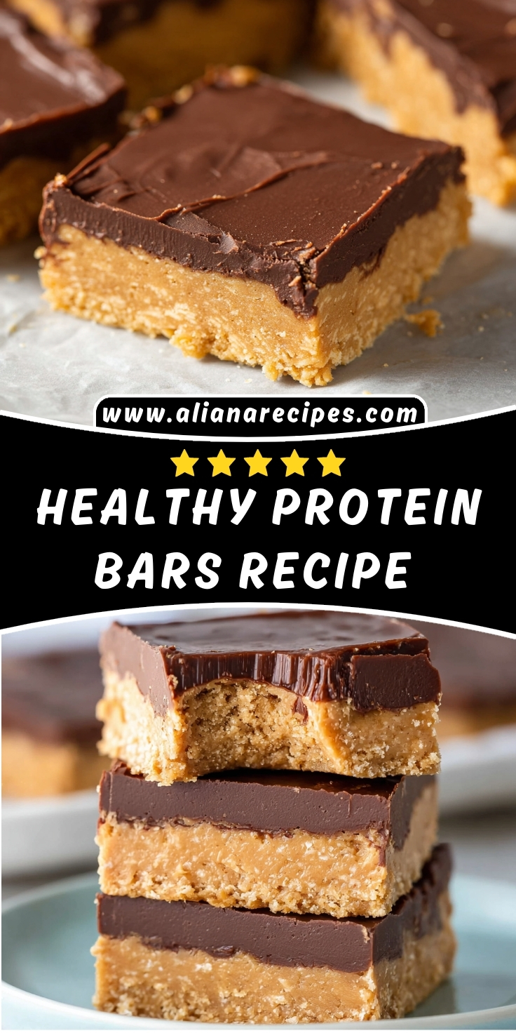 Protein bars with peanut butter base and chocolate topping stacked on parchment paper showing chewy texture and layers