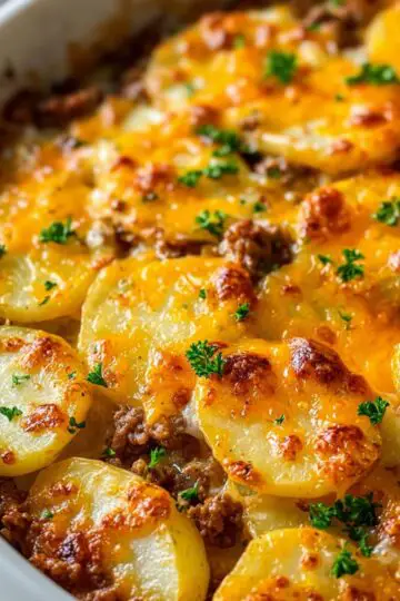 Hobo casserole ground beef in white baking dish with cheese bubbling on potato slices, ground beef visible, fresh parsley topping