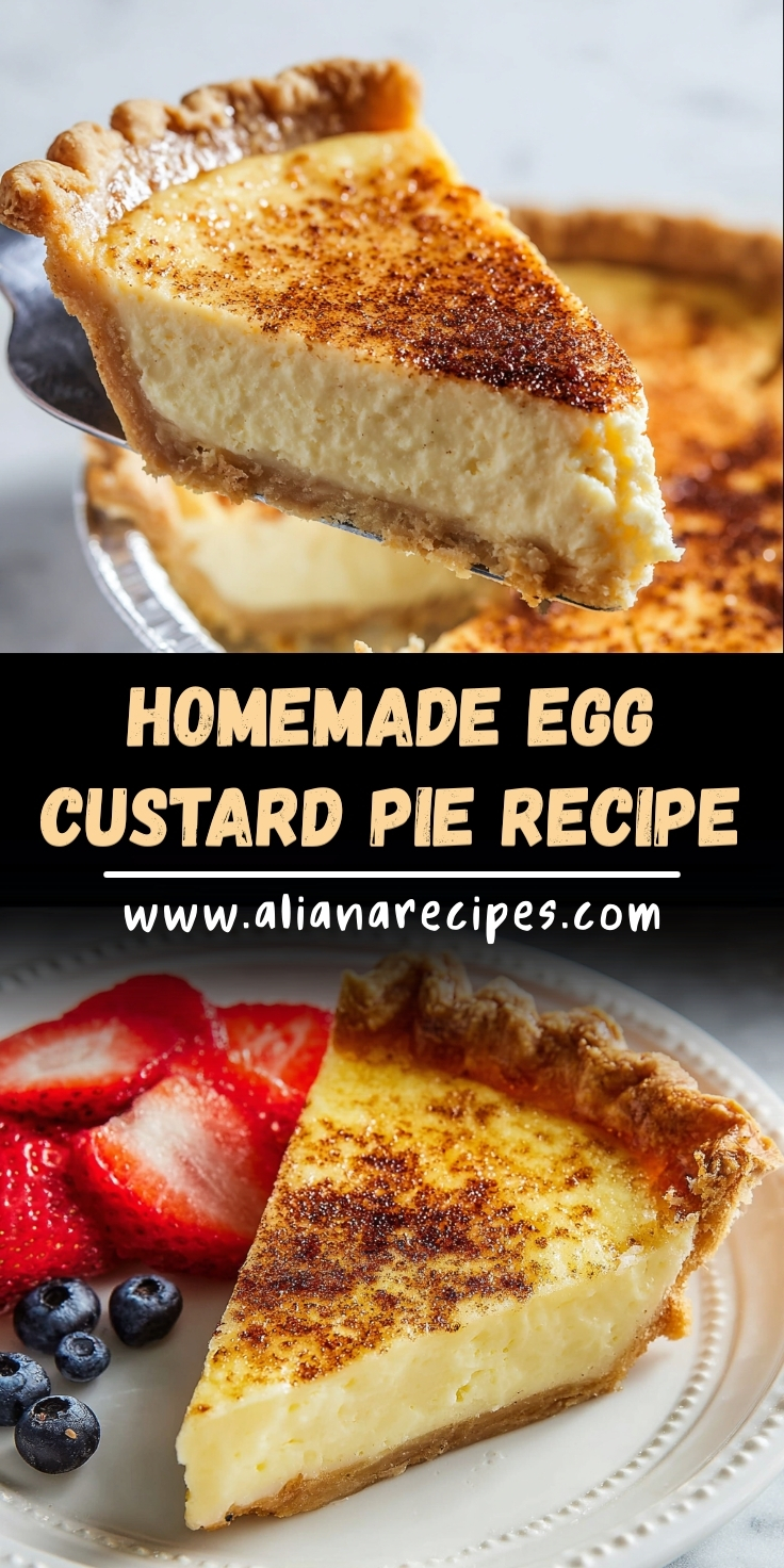 Homemade egg custard pie recipe slice with fresh berries, creamy smooth filling, golden nutmeg crust, served on white plate