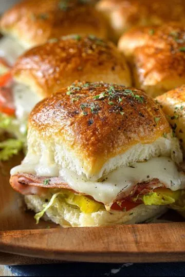 Hot Italian sub sliders on wooden board showing buttery herb-topped buns with melted cheese, Italian meats, and peppers