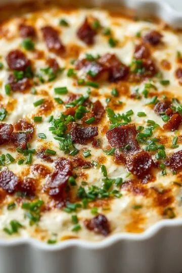 White fluted dish filled with hot smoked gouda bacon dip and green chives.