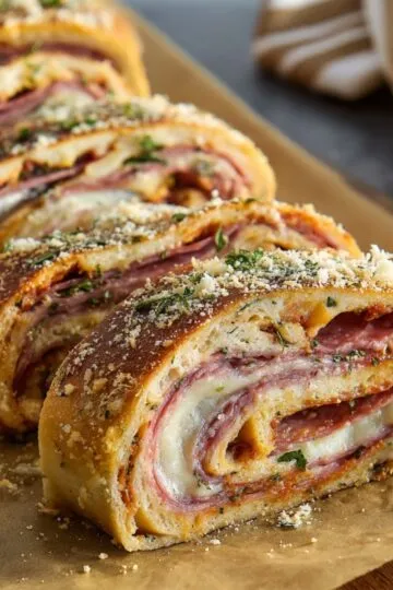 Golden brown Italian stromboli slices displaying spiral layers of meat and cheese.
