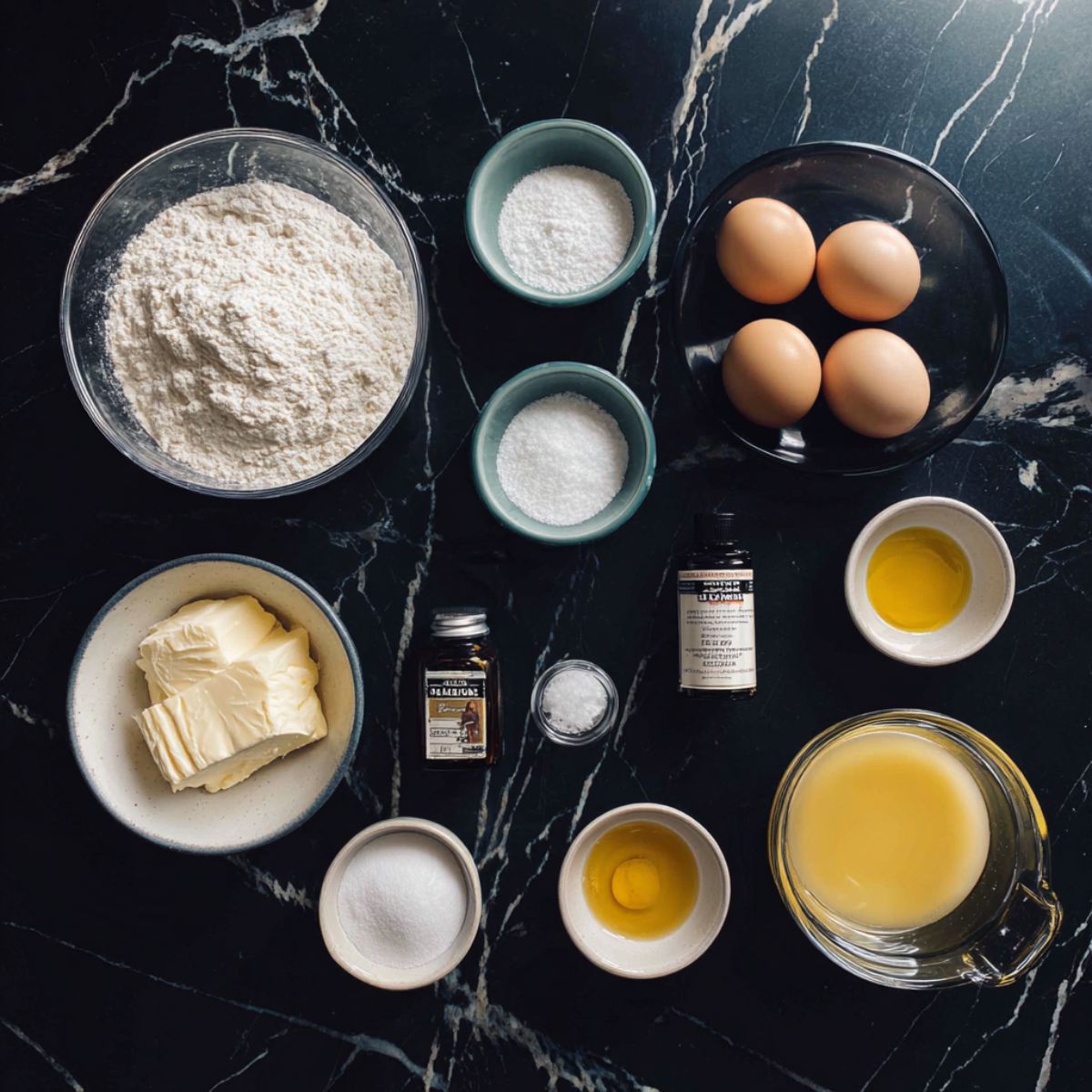 Belgian waffle ingredients arranged on a black marble countertop including flour, eggs, milk, sugar, butter, vanilla extract, and salt