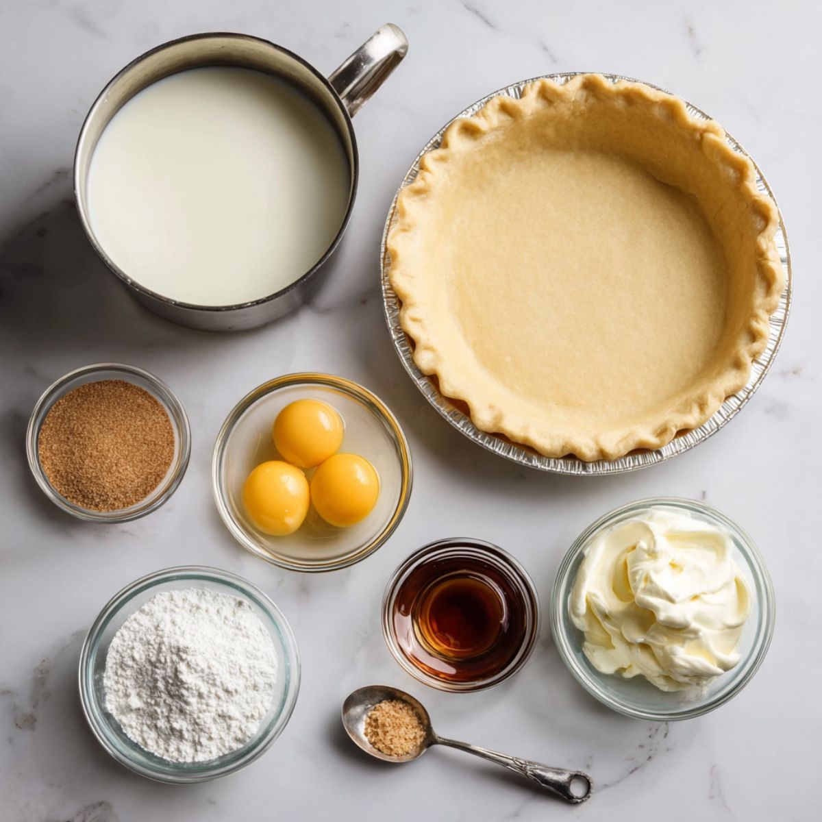 Main ingredients egg custard pie recipe on marble surface showing milk, eggs, sugar, nutmeg, vanilla, butter, unbaked pie crust arranged neatly