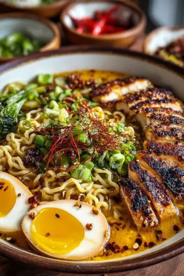 Marry Me Chicken Ramen recipe with golden turmeric broth, crispy chicken slices, jammy eggs, wilted greens, scallions, and ramen noodles in white ceramic bowl