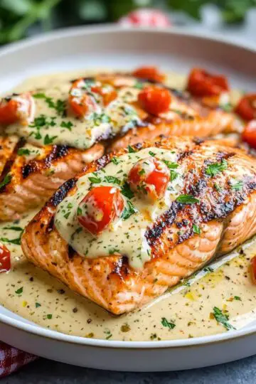 Two seared fillets prepared for this creamy marry me salmon recipe.
