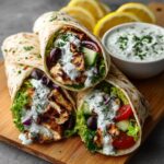 Mediterranean chicken gyros recipe with grilled chicken wraps, tzatziki sauce, fresh vegetables, and lemon on wooden board