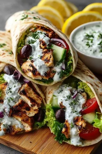 Mediterranean chicken gyros recipe with grilled chicken wraps, tzatziki sauce, fresh vegetables, and lemon on wooden board