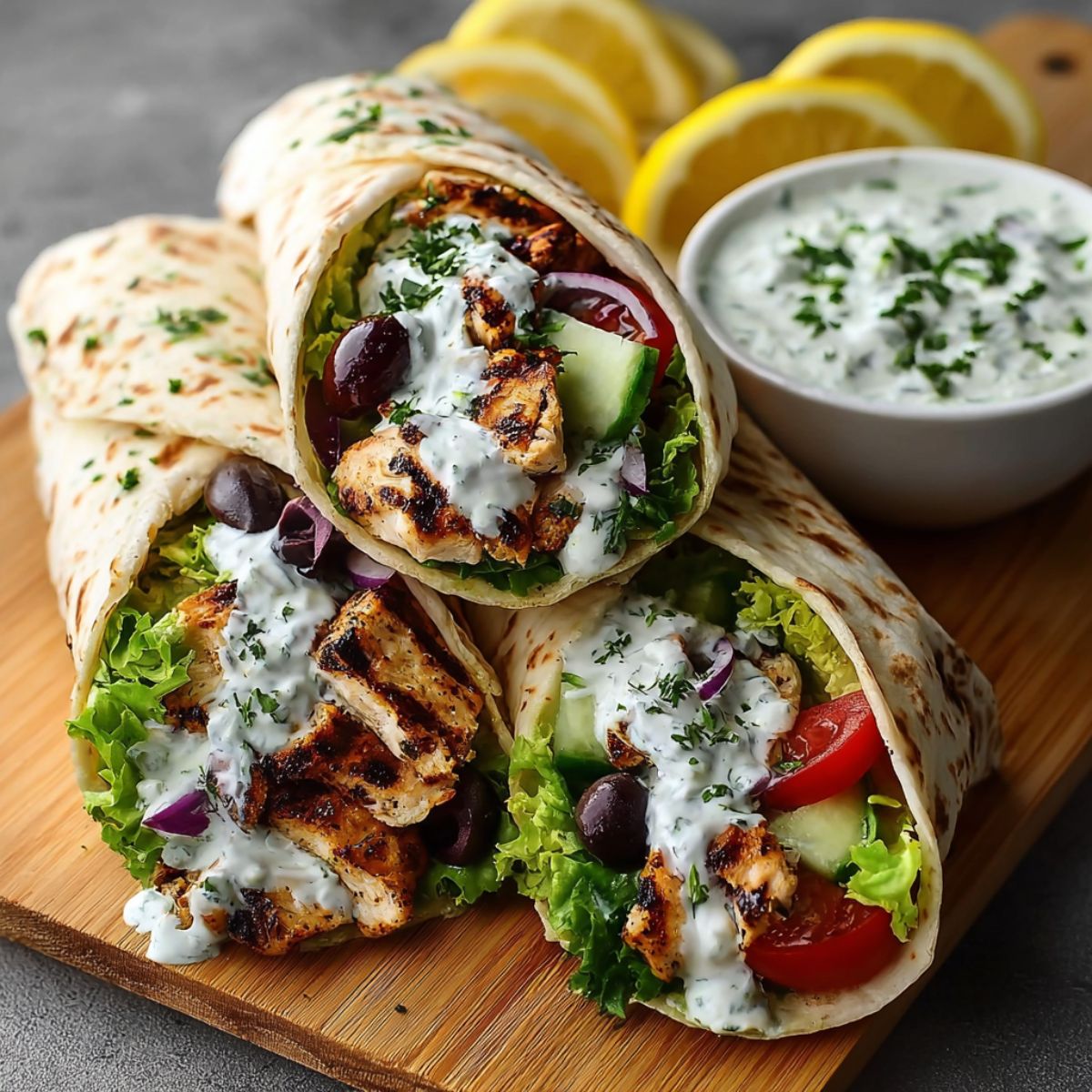 Mediterranean chicken gyros recipe with grilled chicken wraps, tzatziki sauce, fresh vegetables, and lemon on wooden board