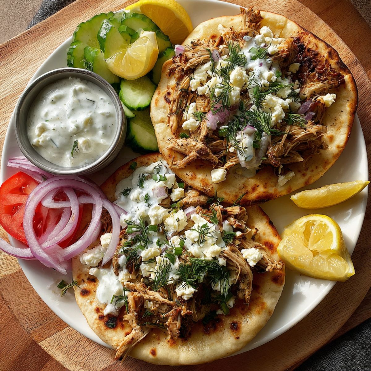 Mediterranean chicken gyros on a plate with shredded chicken, feta cheese, fresh dill, tzatziki sauce, and grilled pita bread