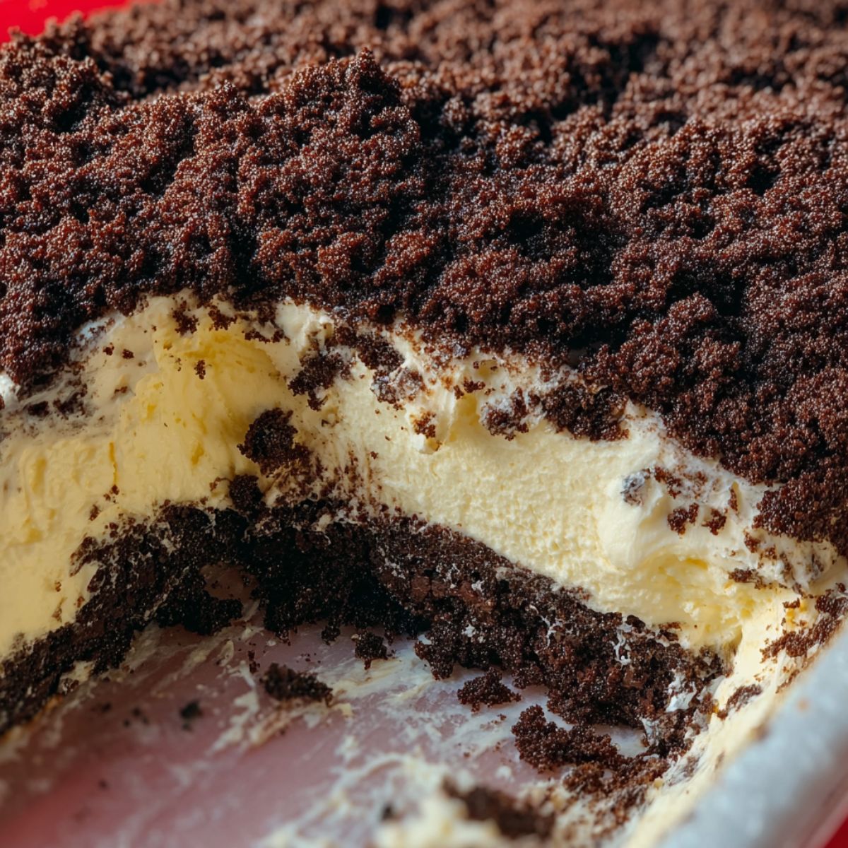 oreo dirt cake creamy layered dessert with thick Oreo crumb topping being scooped from the dish