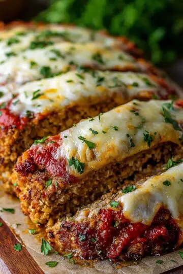 Whole baked Parmesan Chicken Meatloaf on a wooden board with fresh parsley.