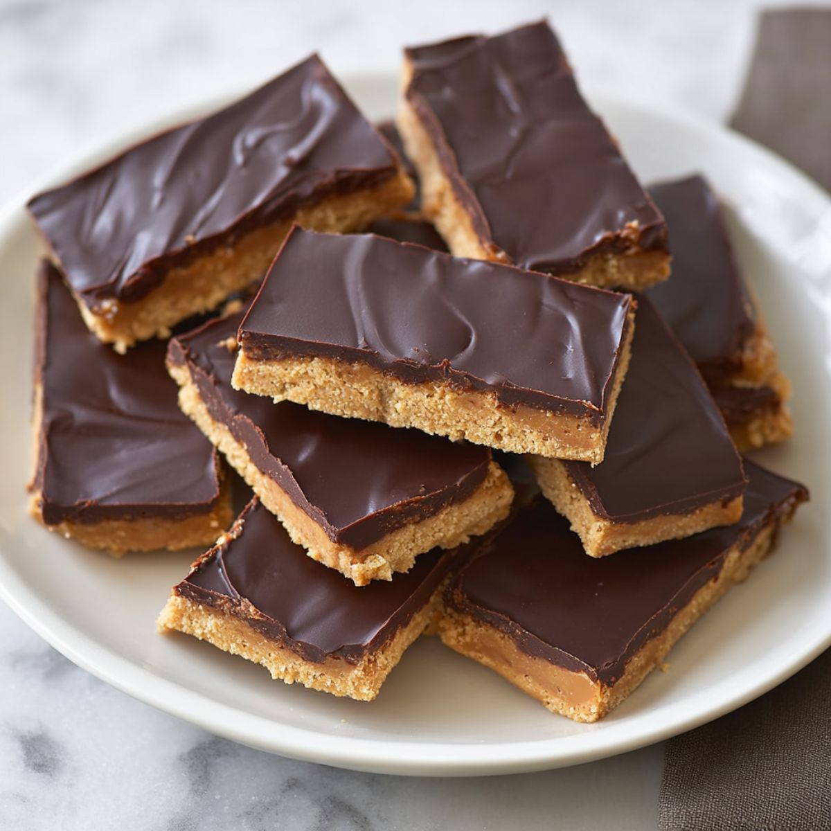 Protein bars recipe showing chocolate-topped bars on white plate with peanut butter oat base and smooth chocolate layer