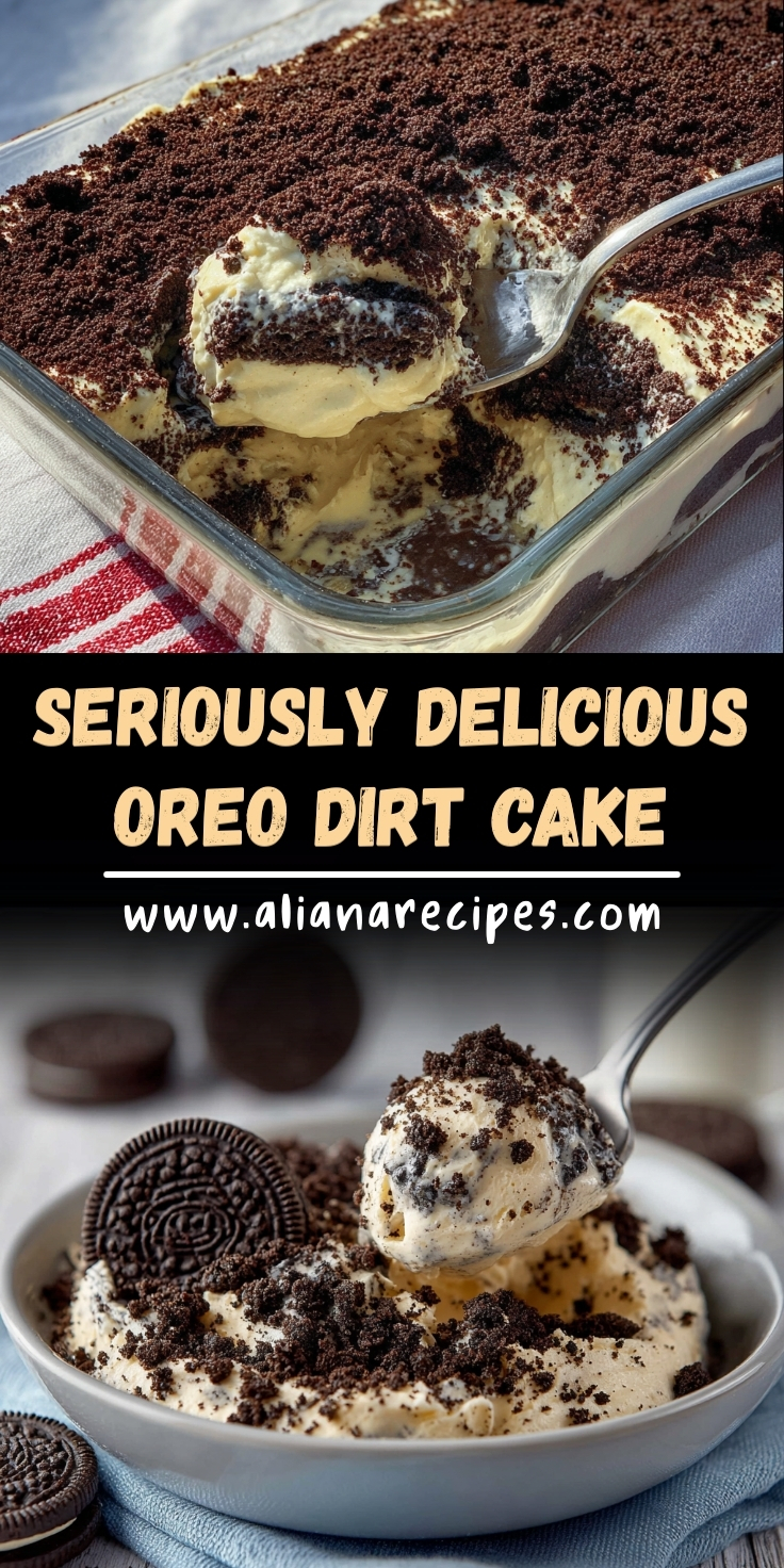 oreo dirt cake seriously delicious creamy no-bake dessert topped with thick Oreo crumbs in a glass pan