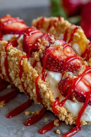Easy Strawberry Crunch Cheesecake Tacos - Crispy taco shells filled with cheesecake, topped with fresh strawberries and a crunchy golden topping.