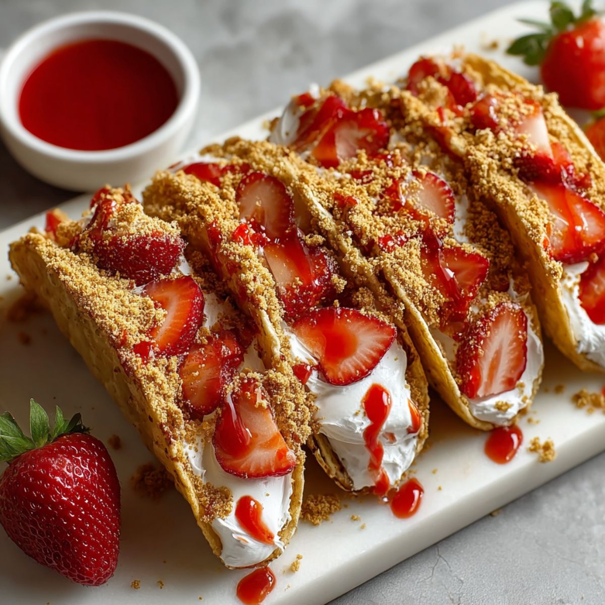 Quick Strawberry Crunch Cheesecake Tacos Recipe - A sweet and easy dessert filled with creamy cheesecake and topped with fresh strawberries.