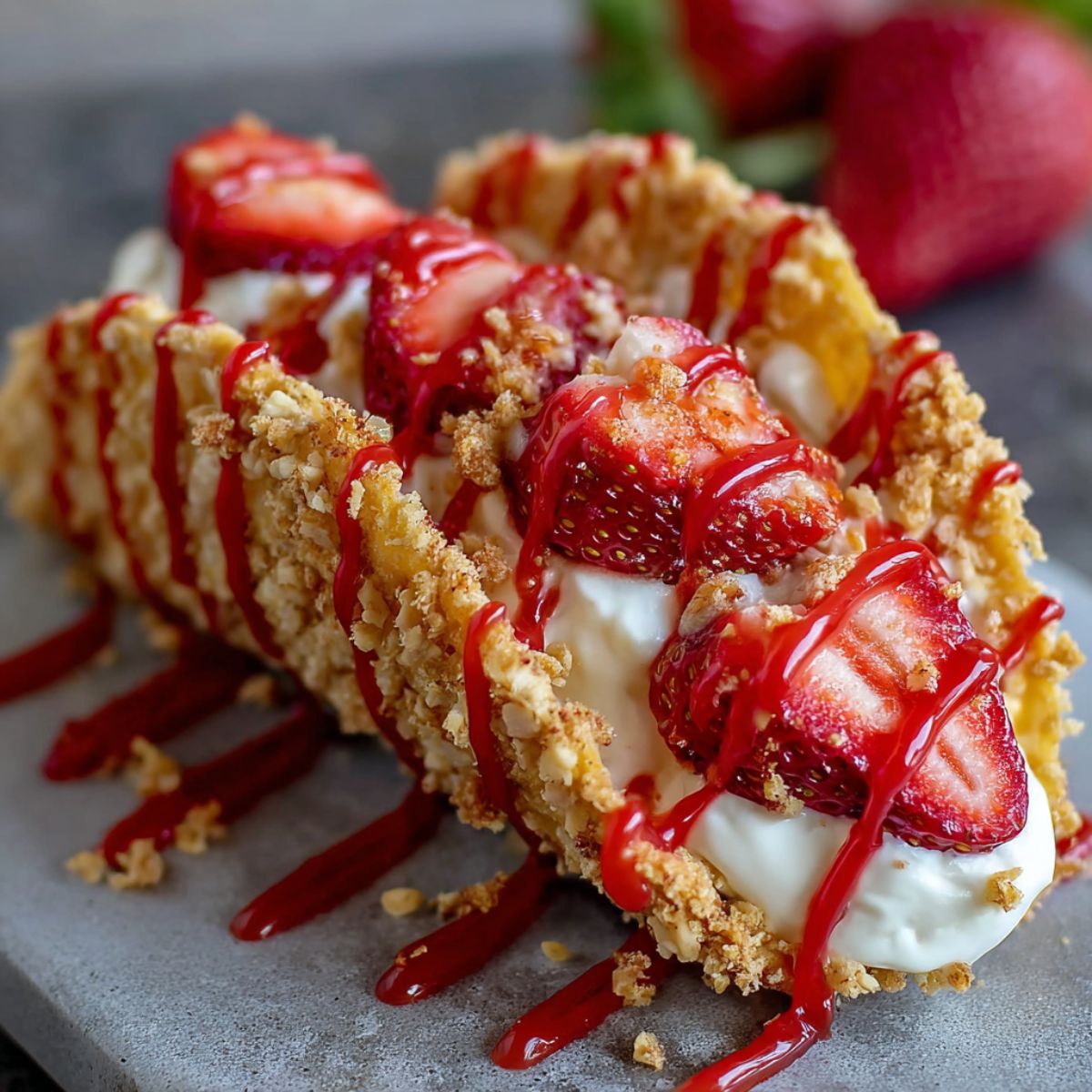 Easy Strawberry Crunch Cheesecake Tacos - Crispy taco shells filled with cheesecake, topped with fresh strawberries and a crunchy golden topping.