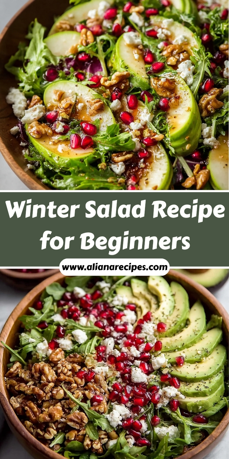 Winter salad recipe for beginners in wooden bowl showing pears, pomegranate seeds, walnuts, goat cheese, arugula, honey mustard dressing, easy holiday salad