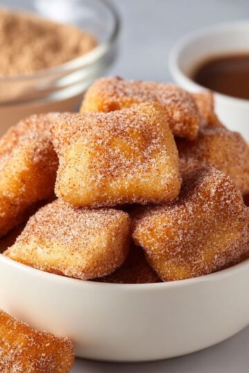 Square churro bites with a sandy cinnamon crust served with dark chocolate dipping sauce.