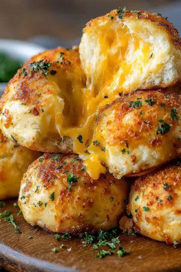 Close-up of a warm cheese bomb torn open revealing melted yellow cheddar filling.