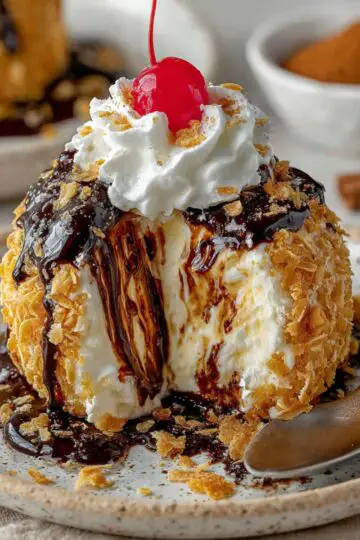 Mexican fried ice cream dessert with rich chocolate syrup and crunchy coating