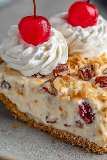 Millionaire pie recipe slice topped with crunchy pecans and sweet maraschino cherries
