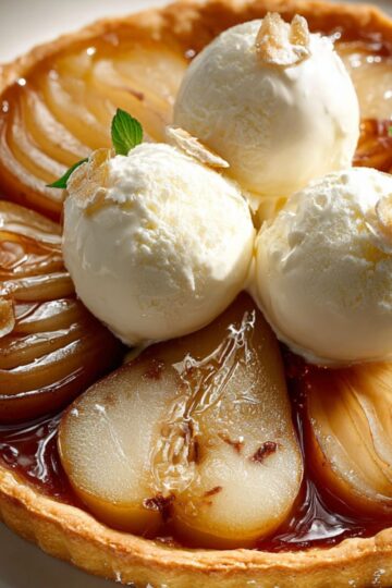 Caramelized pear tart tatin recipe featuring fanned fruit and creamy ice cream scoops